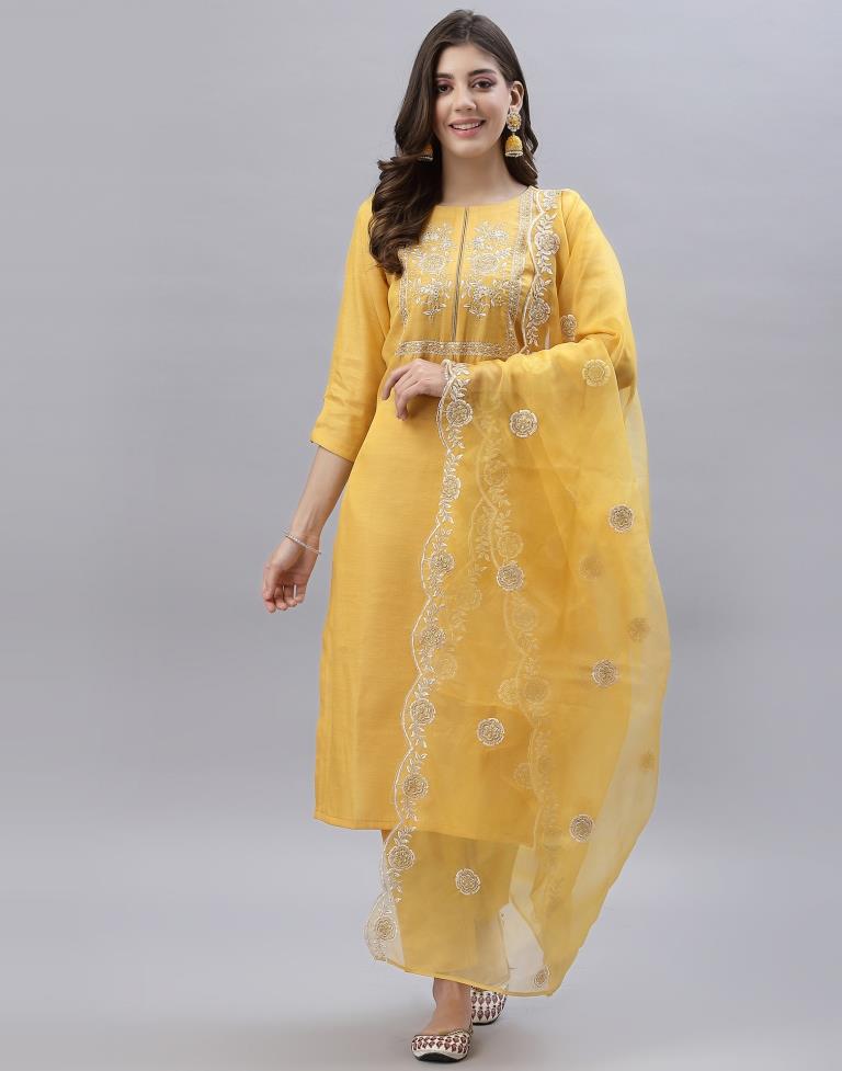 Yellow Kurti With Pant And Dupatta | Leemboodi