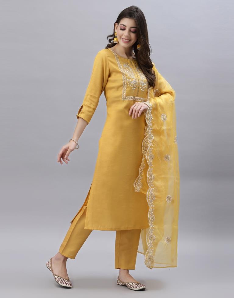 Yellow Beige Kashmiri Crepe Kurti With Beautiful Aari Embroidery