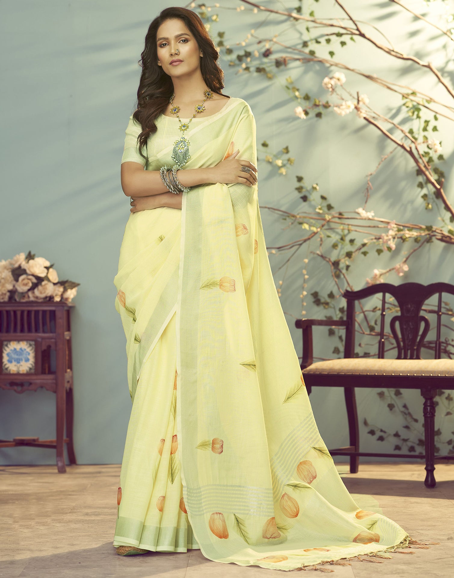 Light Yellow Printed Jacquard Saree with Tassels | Madhurima-22002 |  Cilory.com