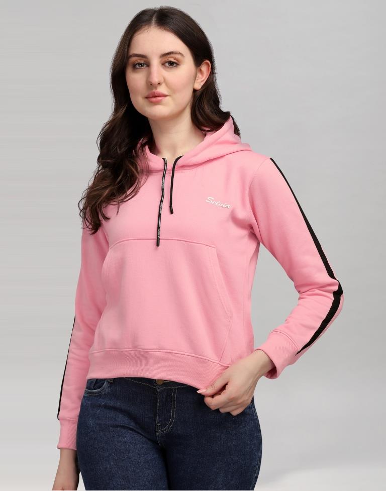Light Pink Coloured Cotton Fleece Blend Plain Hoodie | Leemboodi
