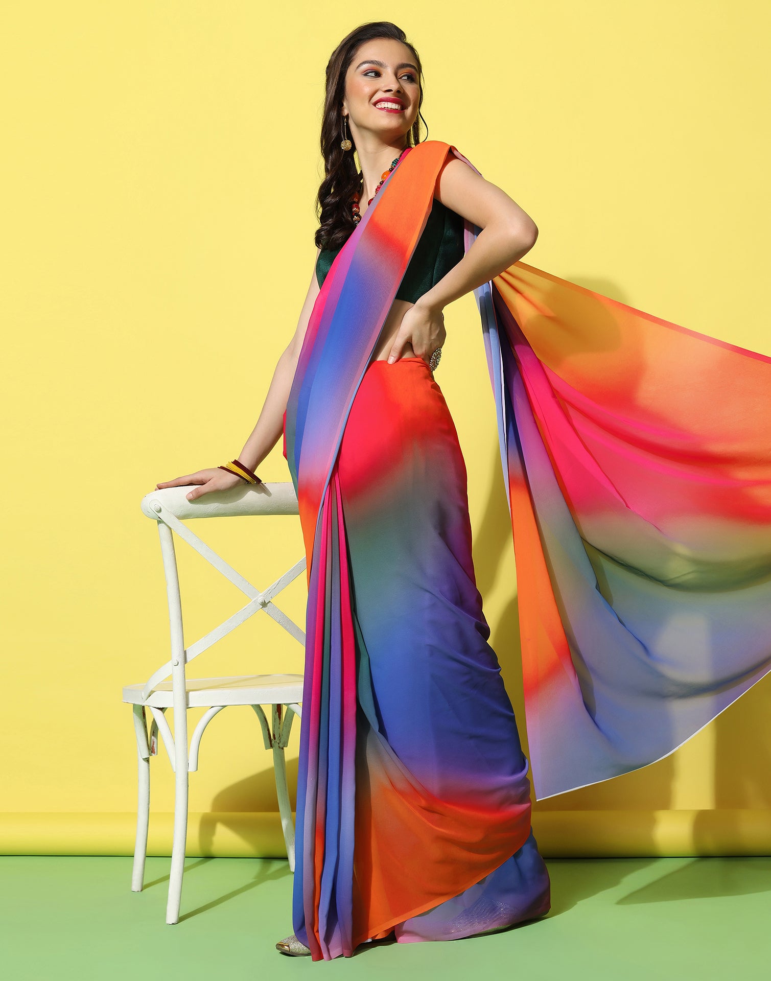 Indra Dhanush Multicolor Satin Georgette Saree with Fancy Lace – ShilpKala  Fashions