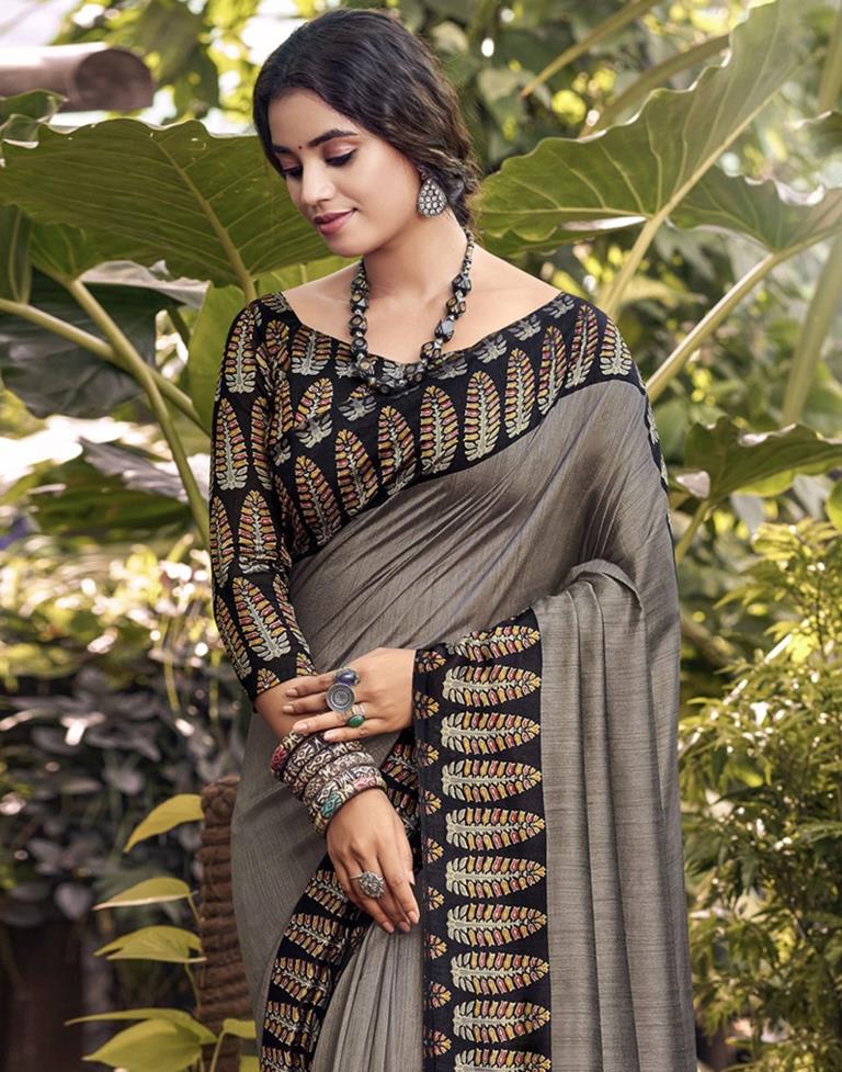 Grey & Black Beads and Stones Net Saree with Embellished Border – Inddus.com