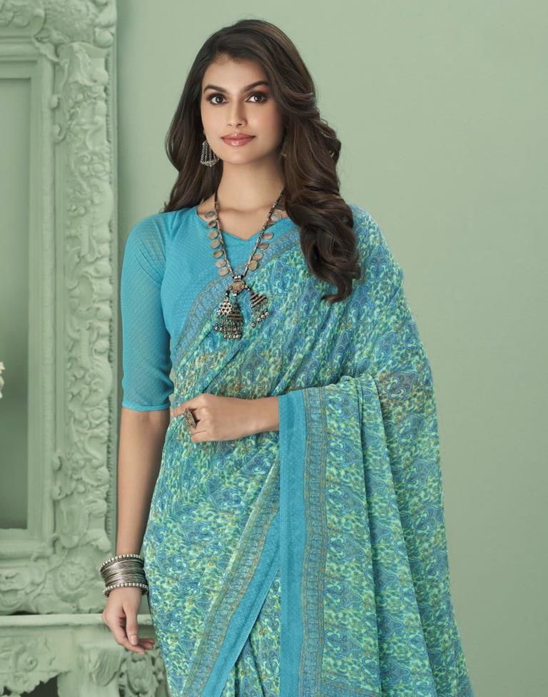 Wedding Collection Online Stone Work Embroidered Chiffon Turquoise Blue  Saree|SARV149382