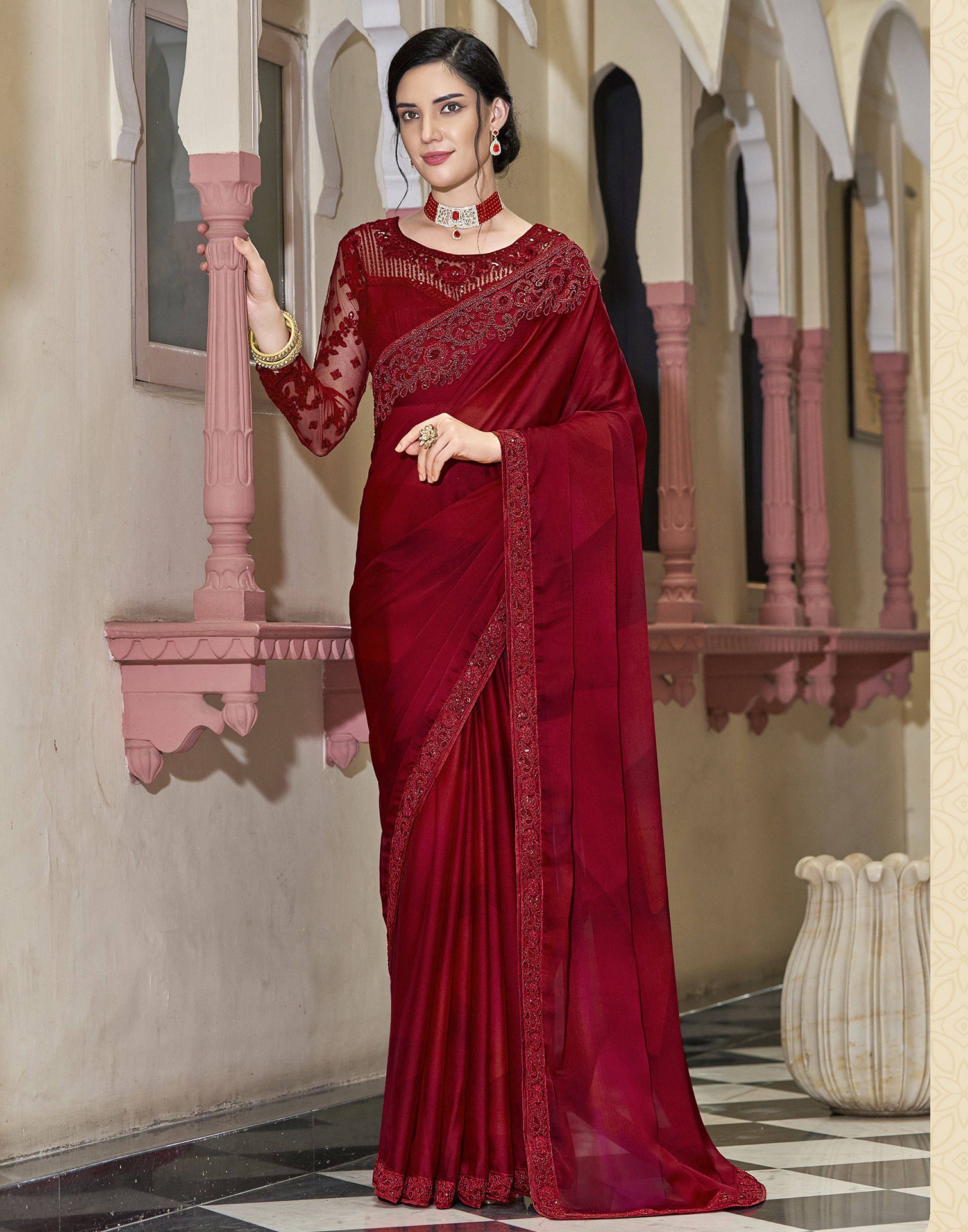 Scarlet Red Chiffon Saree with Badla work | Mirra Clothing