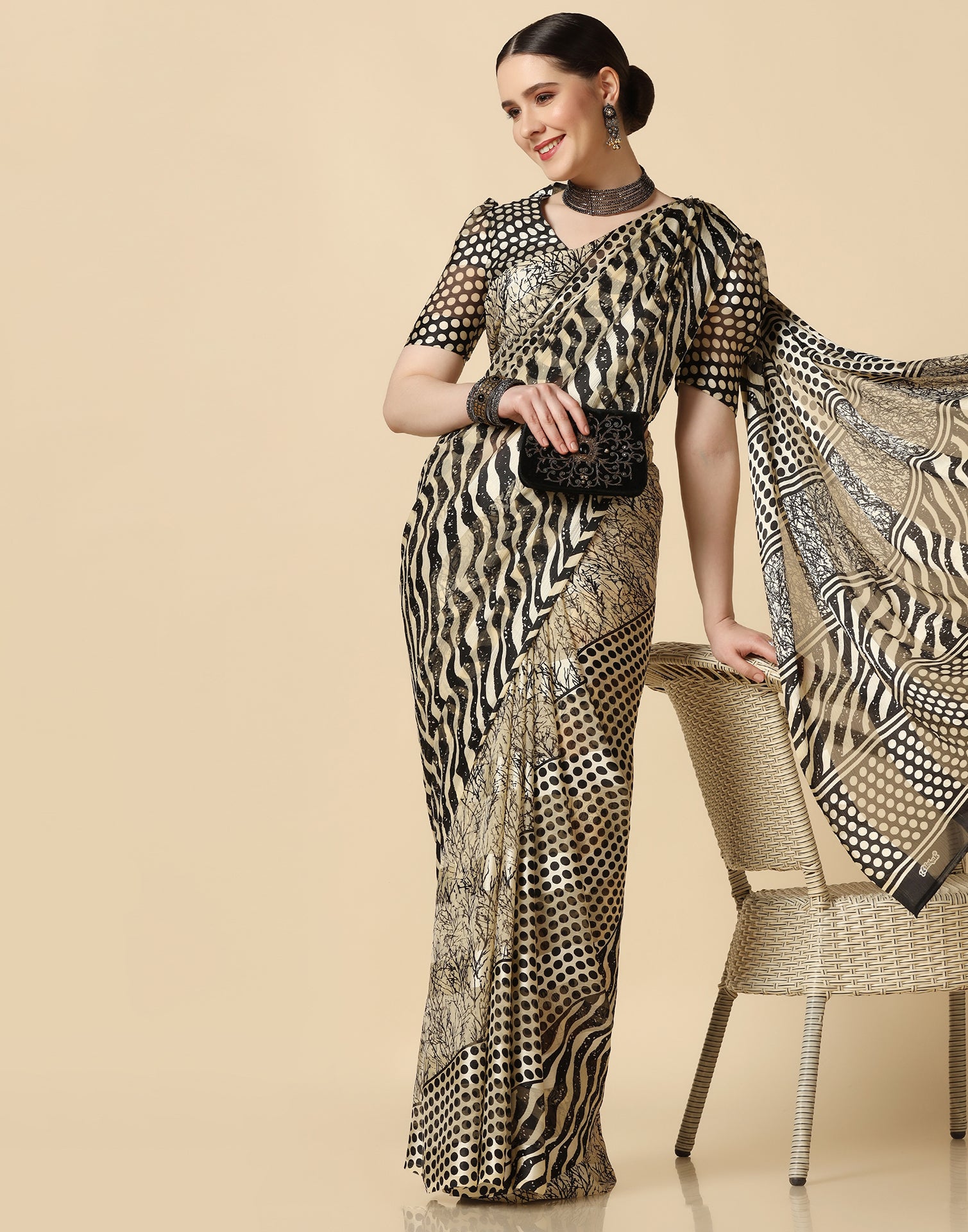 Black and Beige Animal Pattern Digital Print Georgette Satin Saree Wit –  Fabcurate