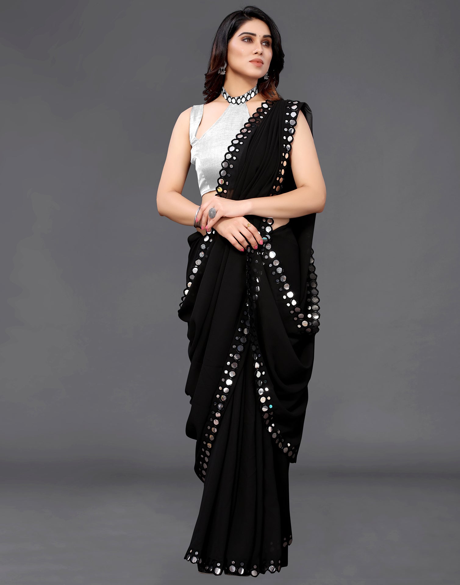 Black Georgette Mirror Work Saree