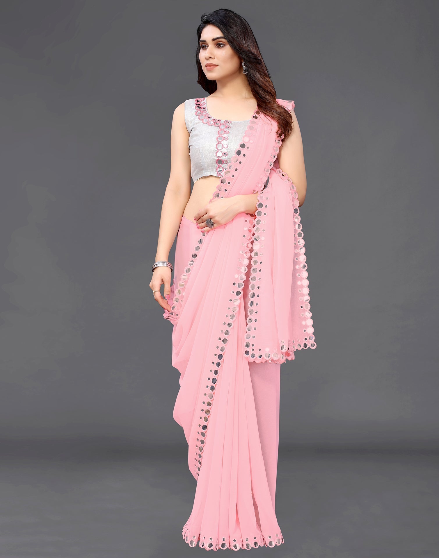 Buy Wonderful Light Pink Designer Linen Cotton Fancy All Over Mirror Work  Saree Blouse For Wedding Wear | Lehenga-Saree