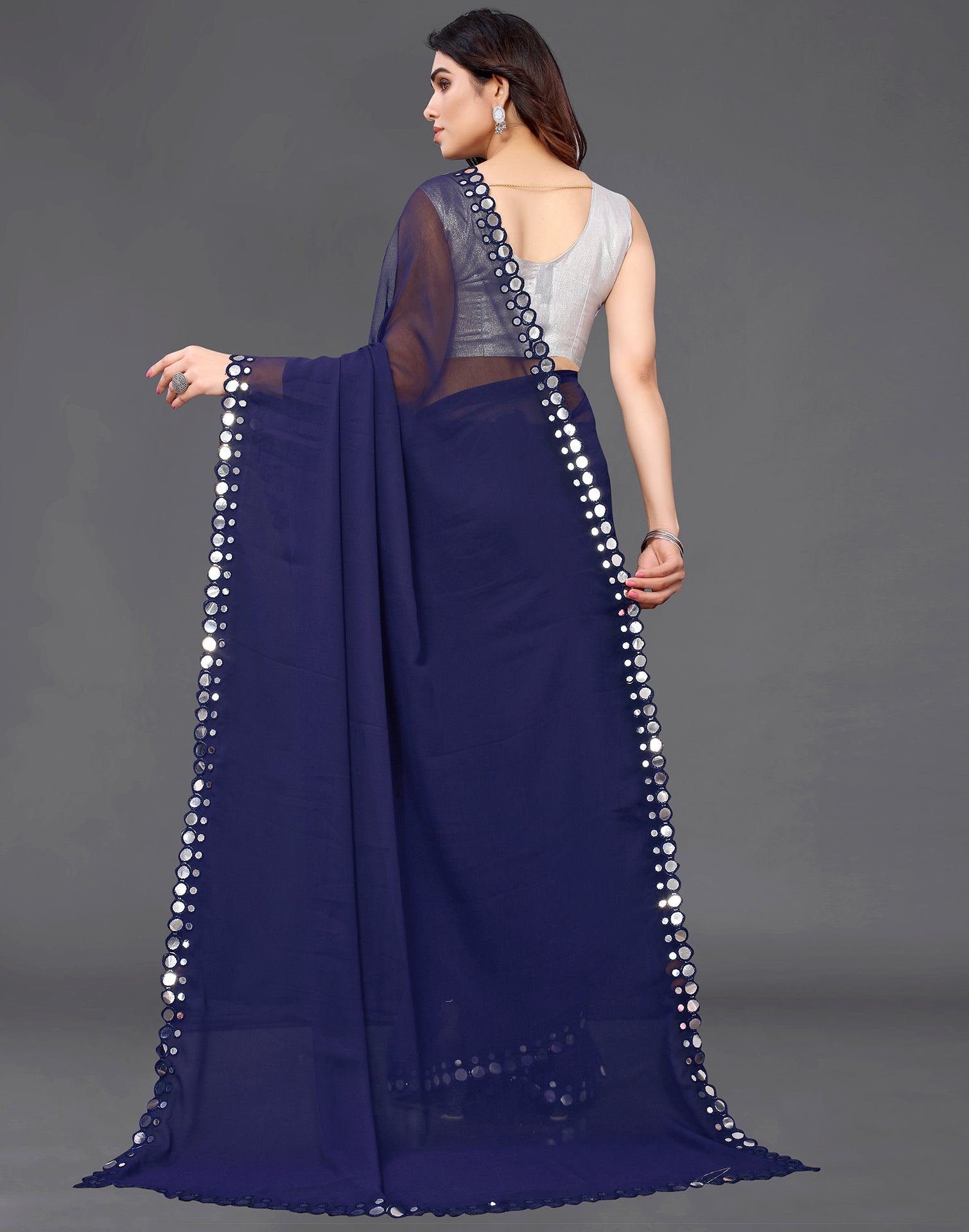 Royal Blue Partywear Hand Work Georgette Ruffled Saree