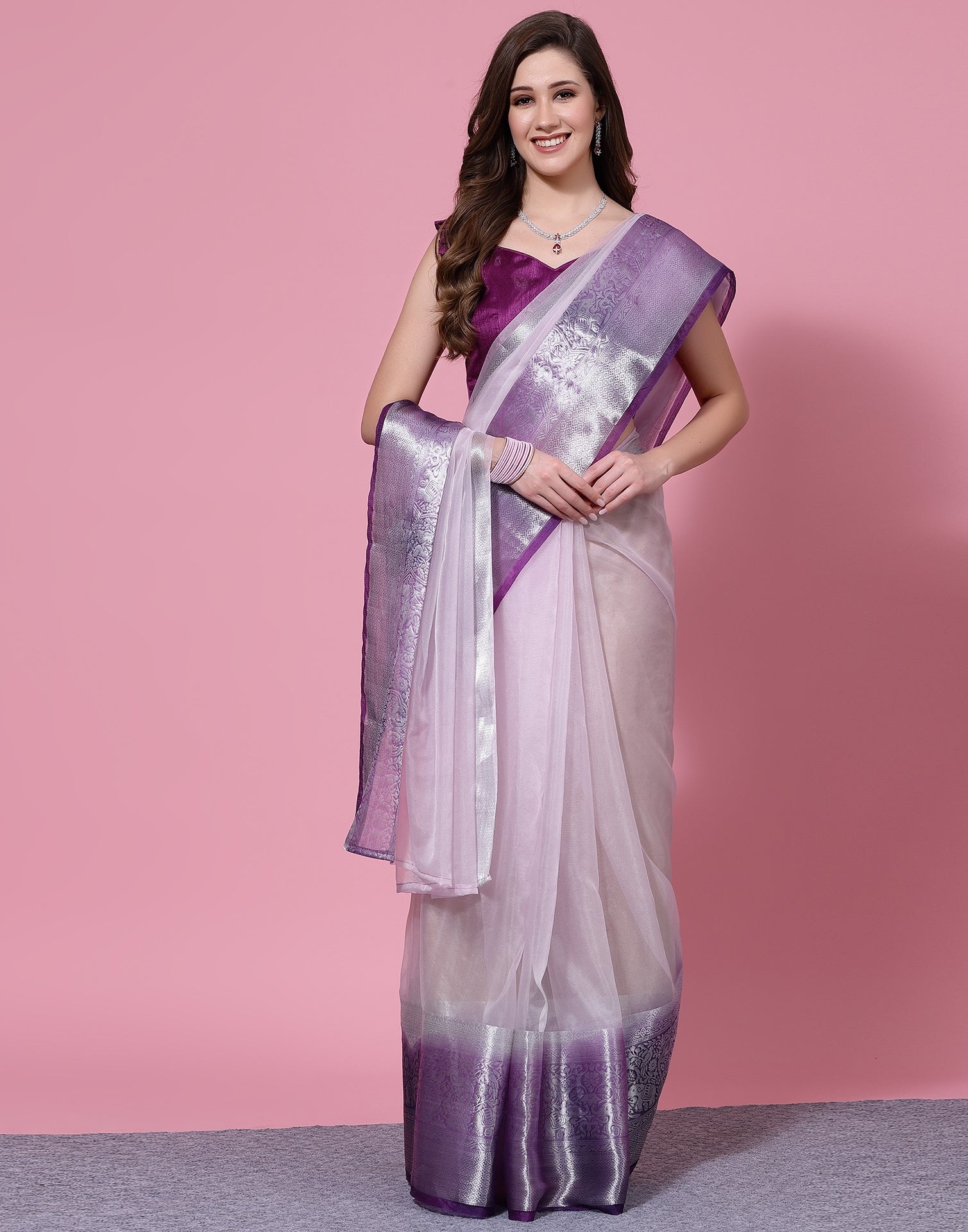 Daisy Purple Woven Satin Silk Saree – Zari Banaras