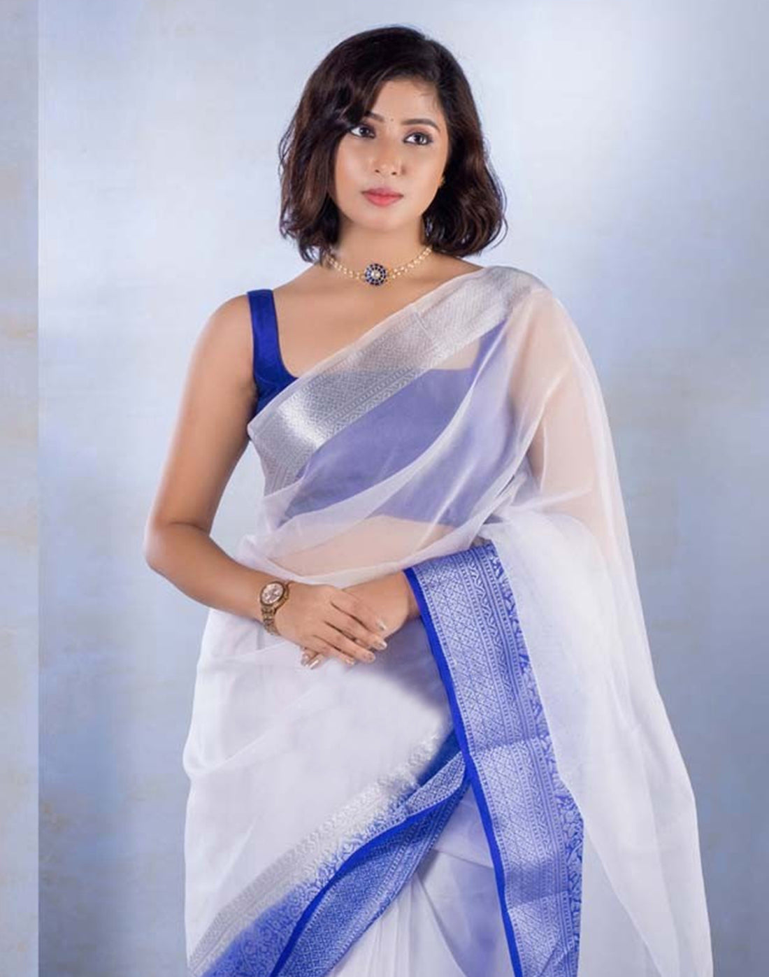 White Organza Plain Saree | Leemboodi