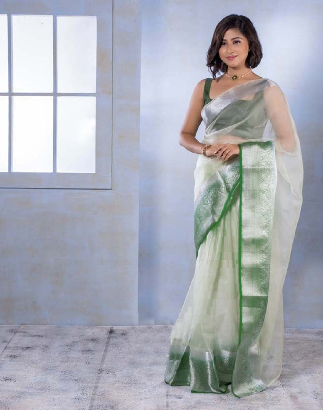 Light Green Organza Plain Saree | Leemboodi