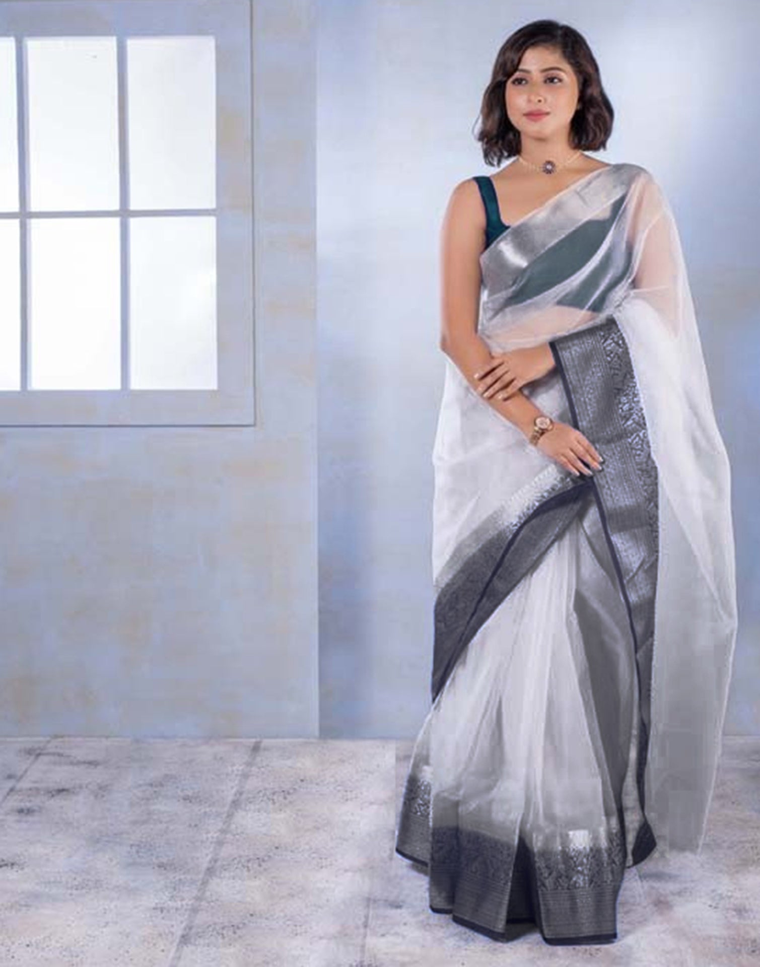 Magnificent Royal Blue Banarasi Linen Saree with Silver Zari Border -  Loomfolks