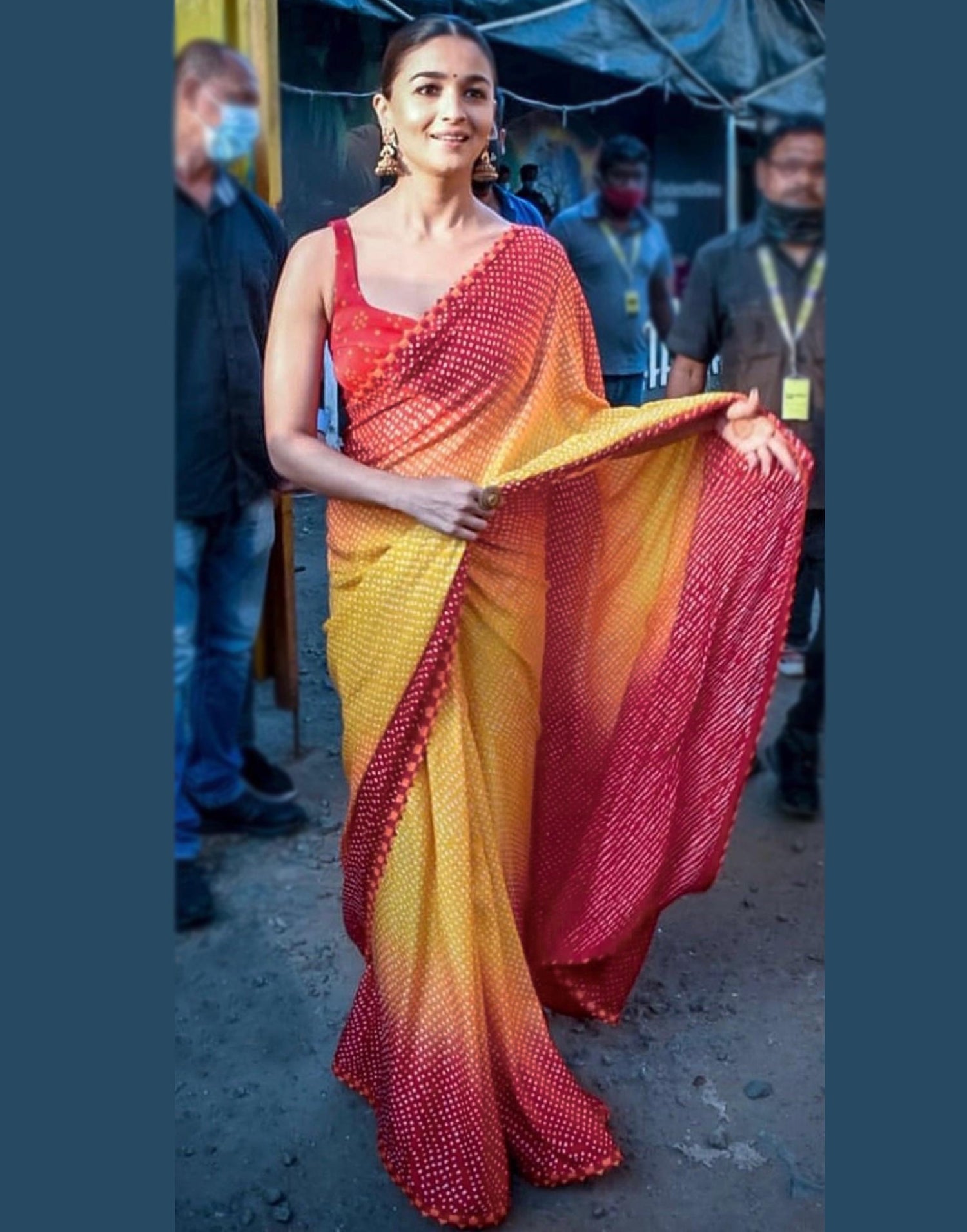 Yellow And Red Satin Silk Bandhani Printed Saree | Leemboodi