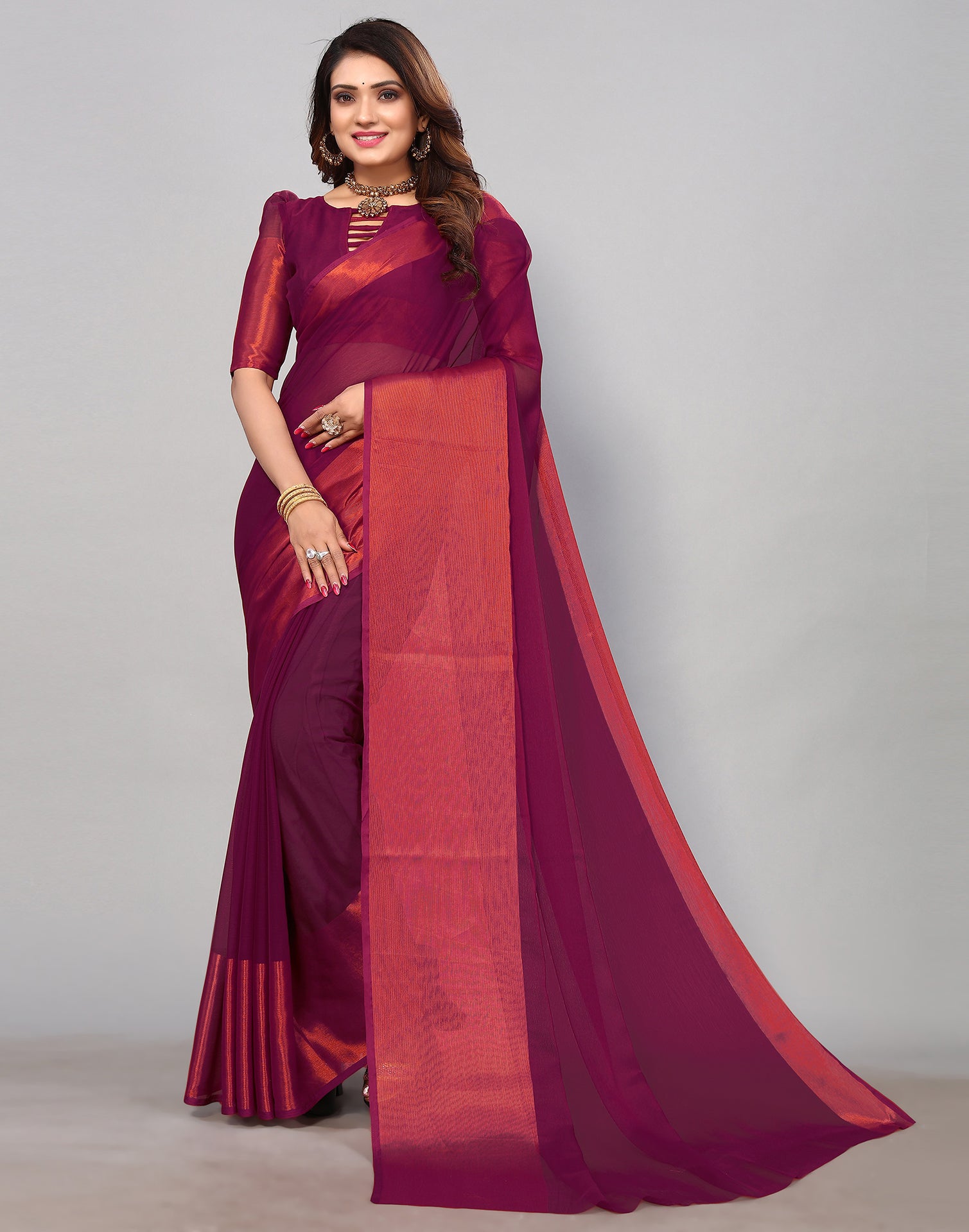 Lilac Cosmo | Magenta Plain Cotton saree; Soft & Lightweight – golghar