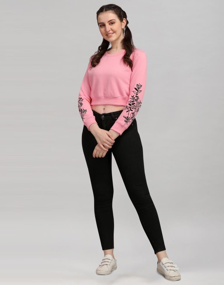 Light Pink Coloured Cotton Fleece Blend Embroidered Sweatshirt | Leemboodi