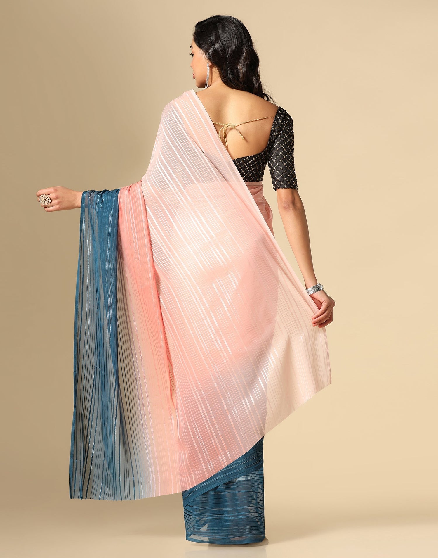 Light Pink And Blue Georgette Jari Stripes Saree | Leemboodi