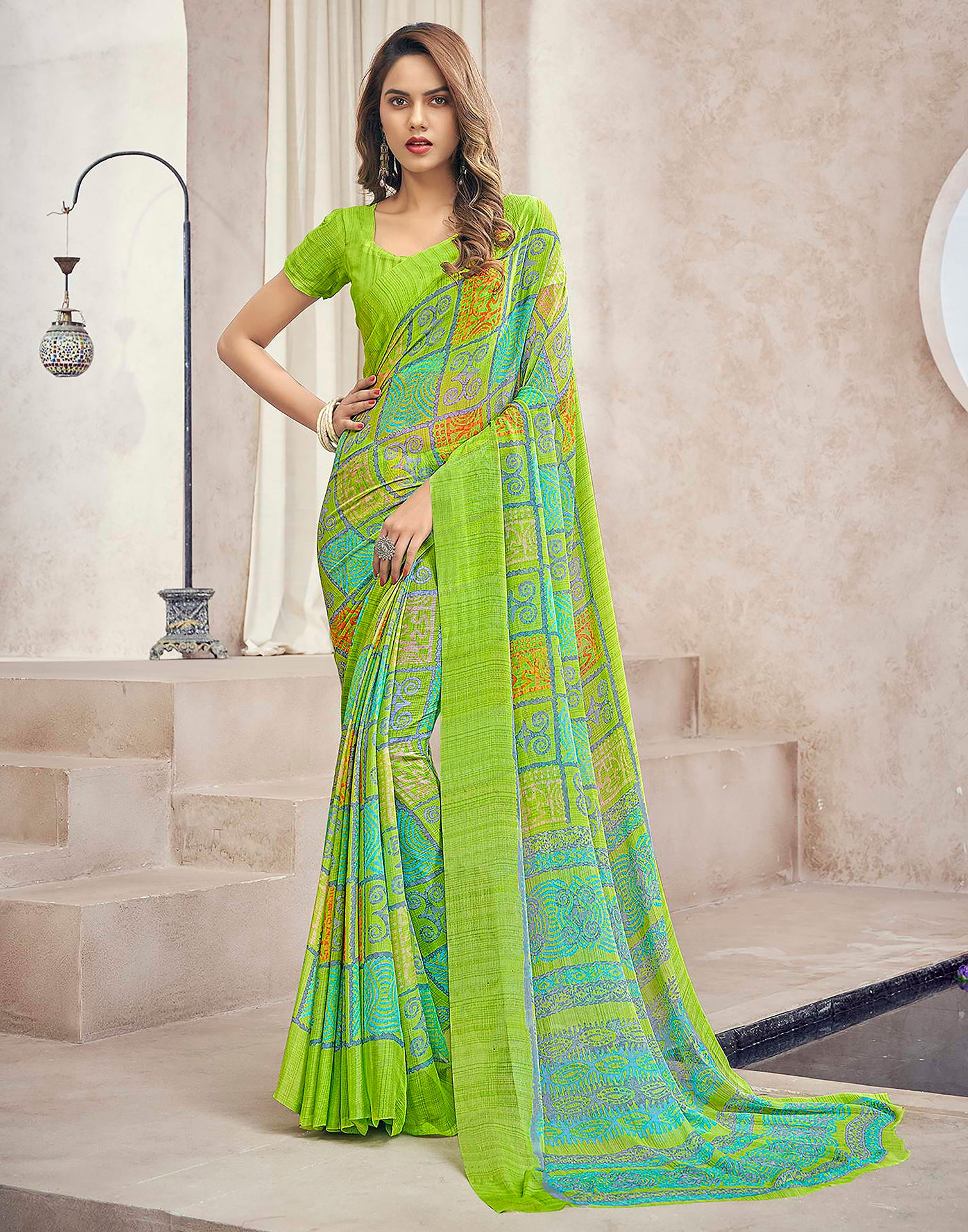 Foil print Faux Chiffon Saree in Light Green Pink Color - Fabstry