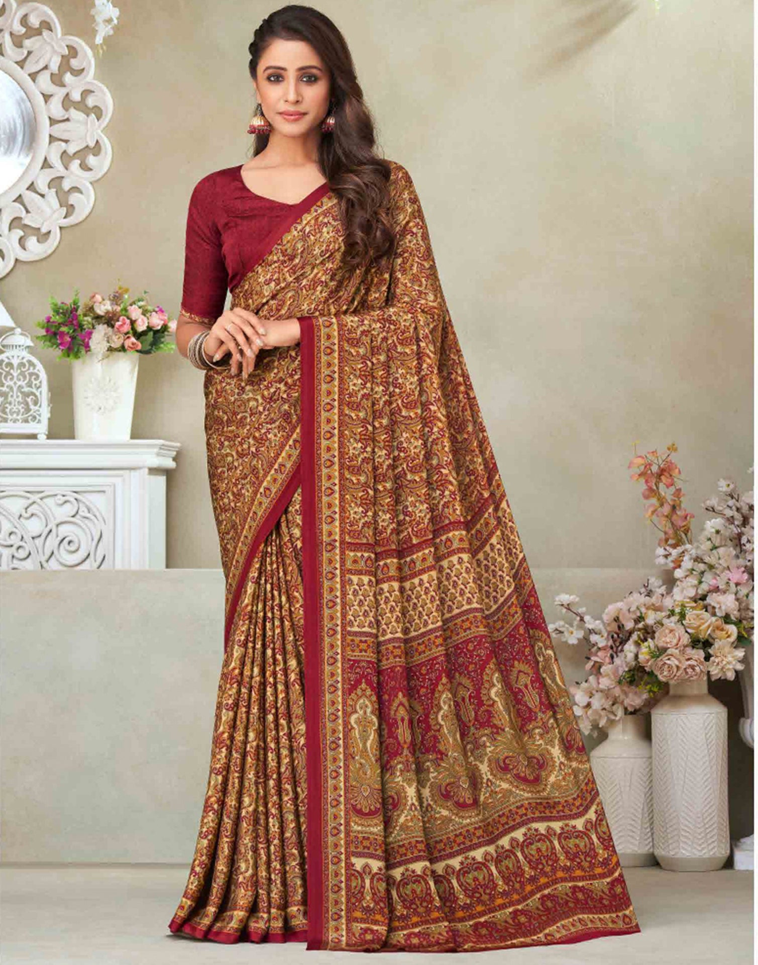 Beige color Silk Base V-Neck Blouse Silk Weave Half And Half Saree Be the  first to review this product in Mumbai at best price by Kreeva Com -  Justdial