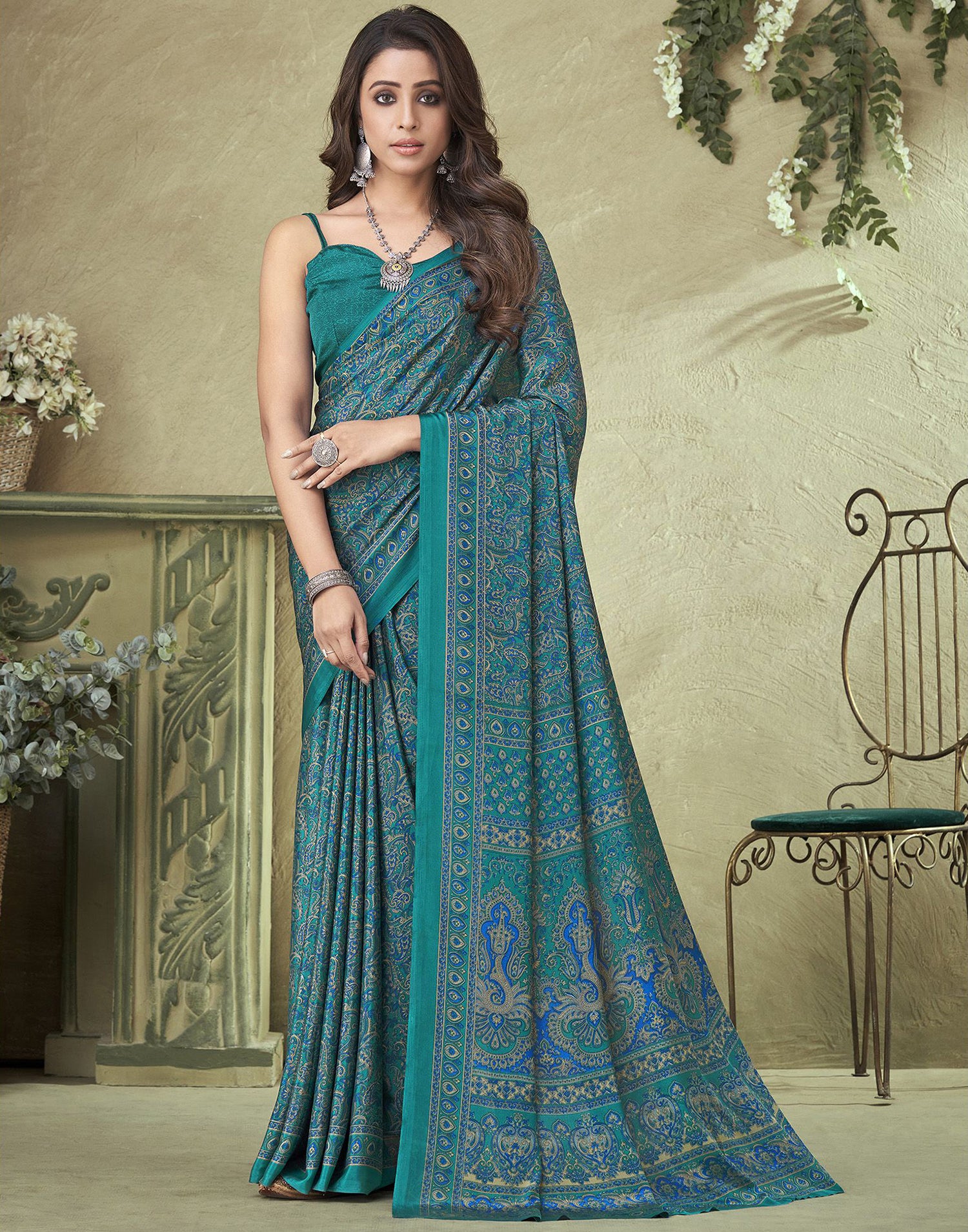 Rama Green Silk Floral Printed Saree | Leemboodi