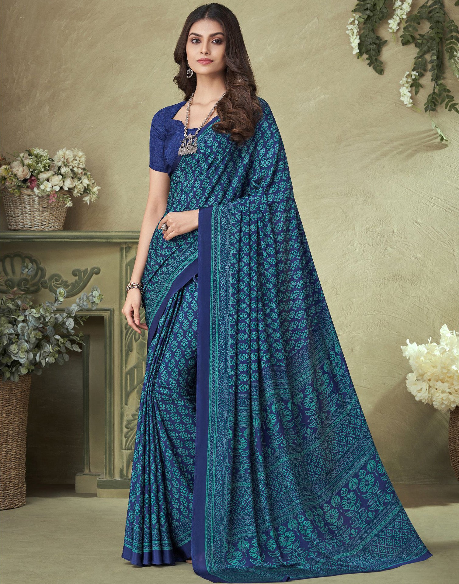 Partywear Navy Blue Color Zari And Sequins Work Georgette Base Saree