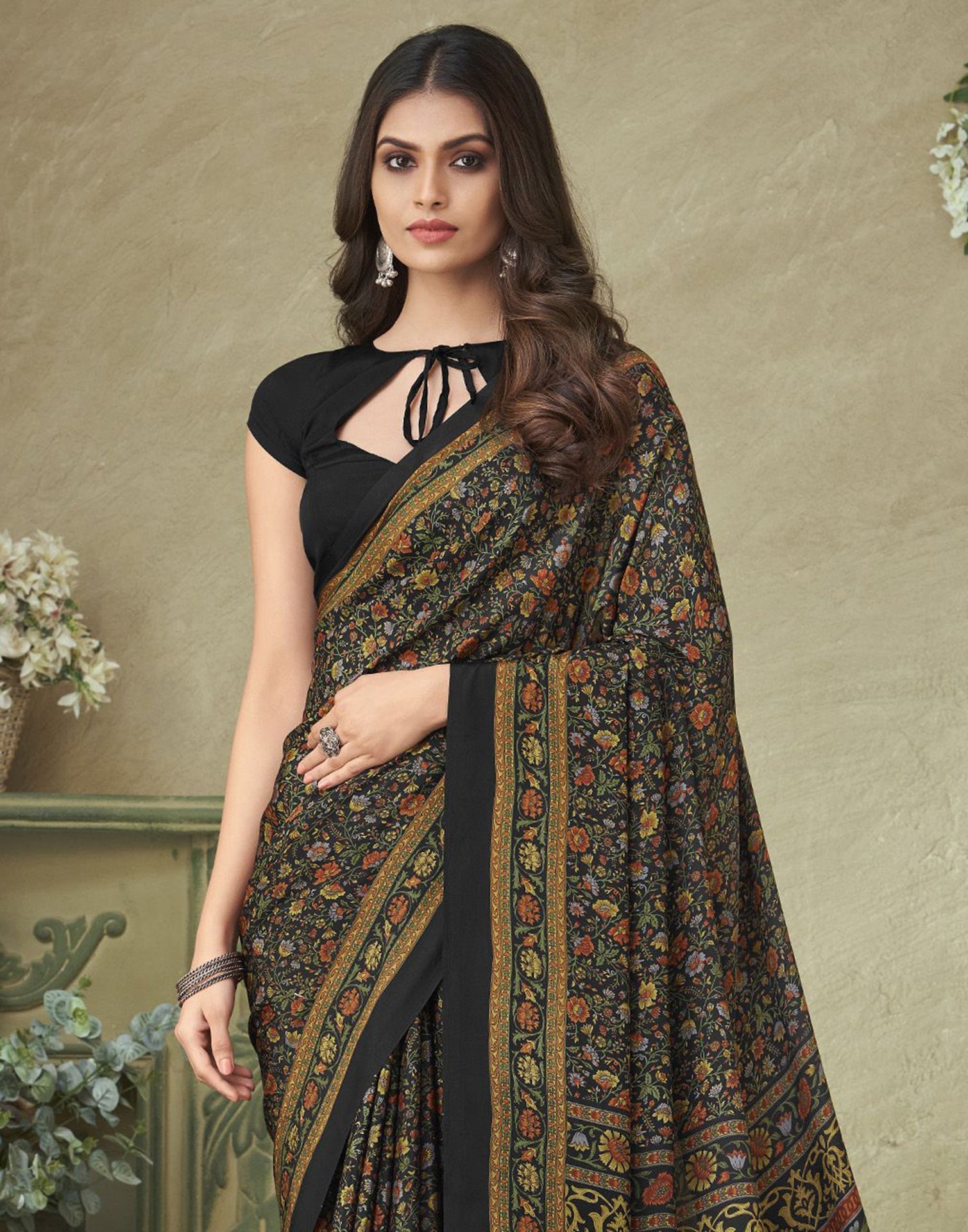 Black Floral Net Saree | trendwati