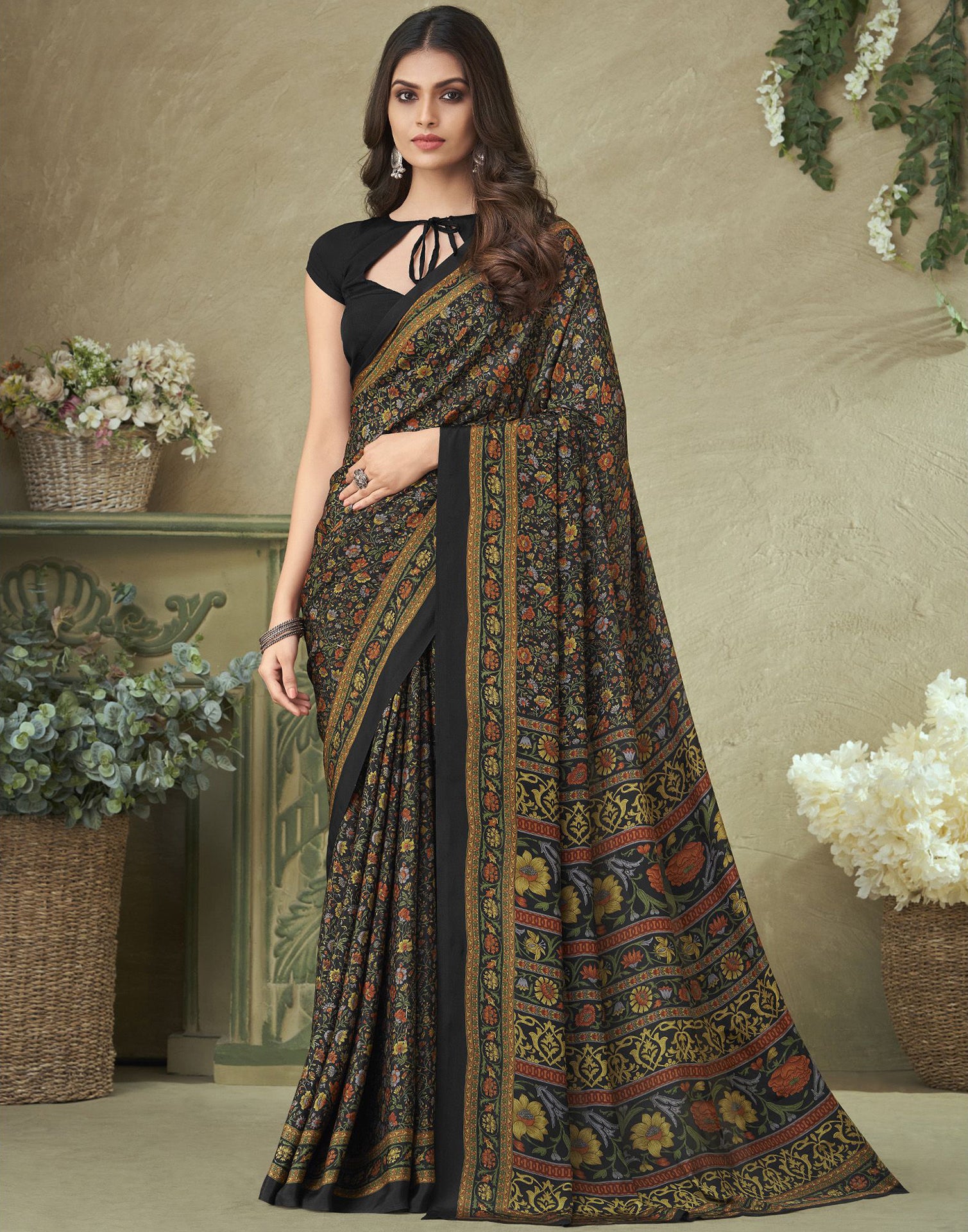 Black Floral Printed Ruffle Sari Set | Arpita Mehta – KYNAH