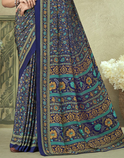 Navy Blue And Multicoloured Silk Floral Printed Saree | Leemboodi