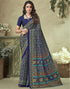 Navy Blue And Multicoloured Silk Floral Printed Saree | Leemboodi