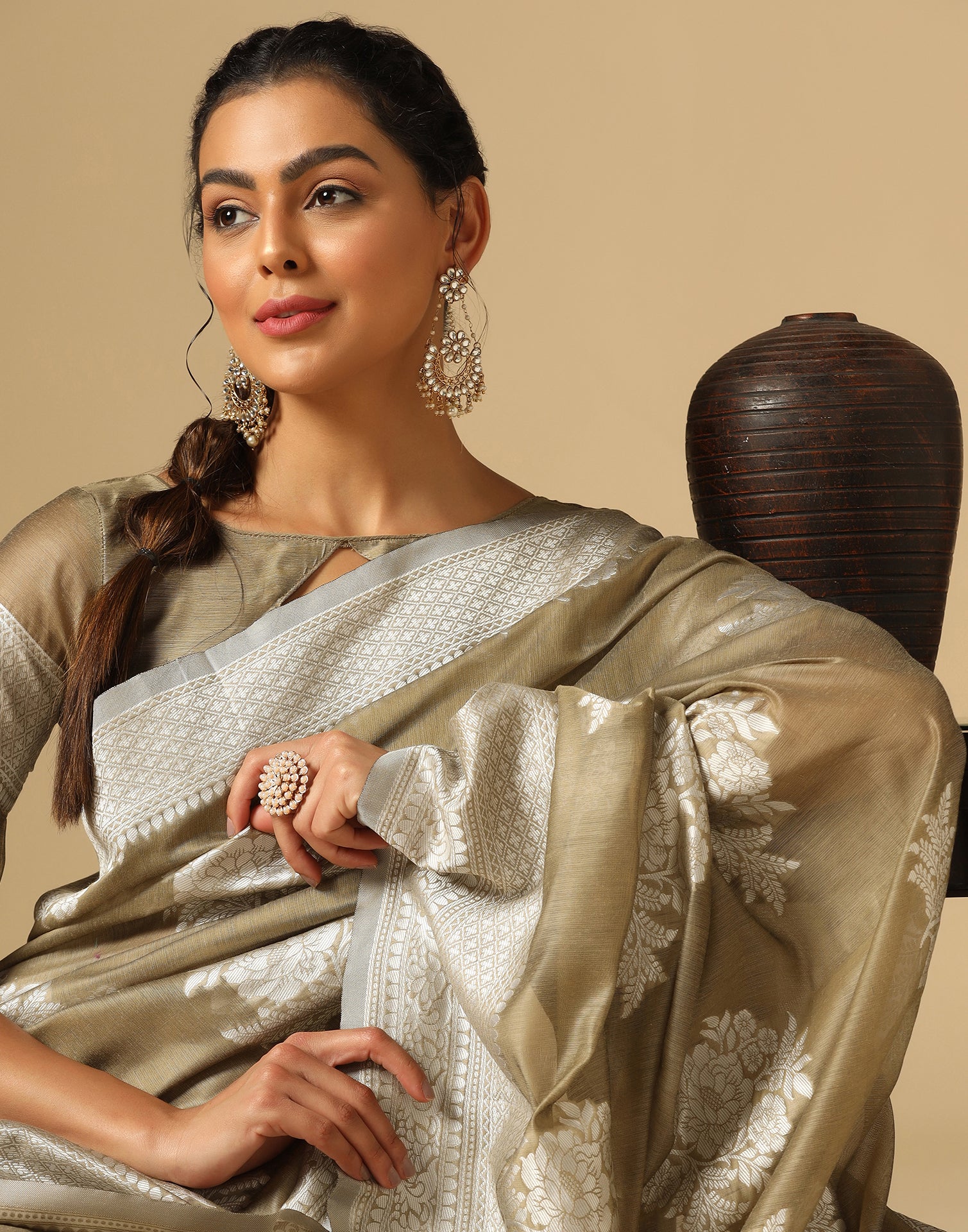 Beige Banarasi Cotton Saree | Leemboodi