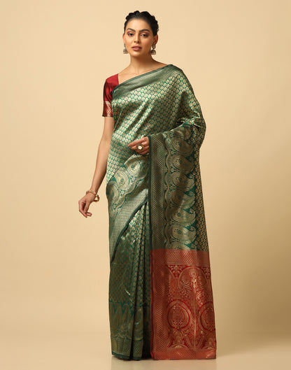 Golden And Green Silk Jacquard Saree | Leemboodi