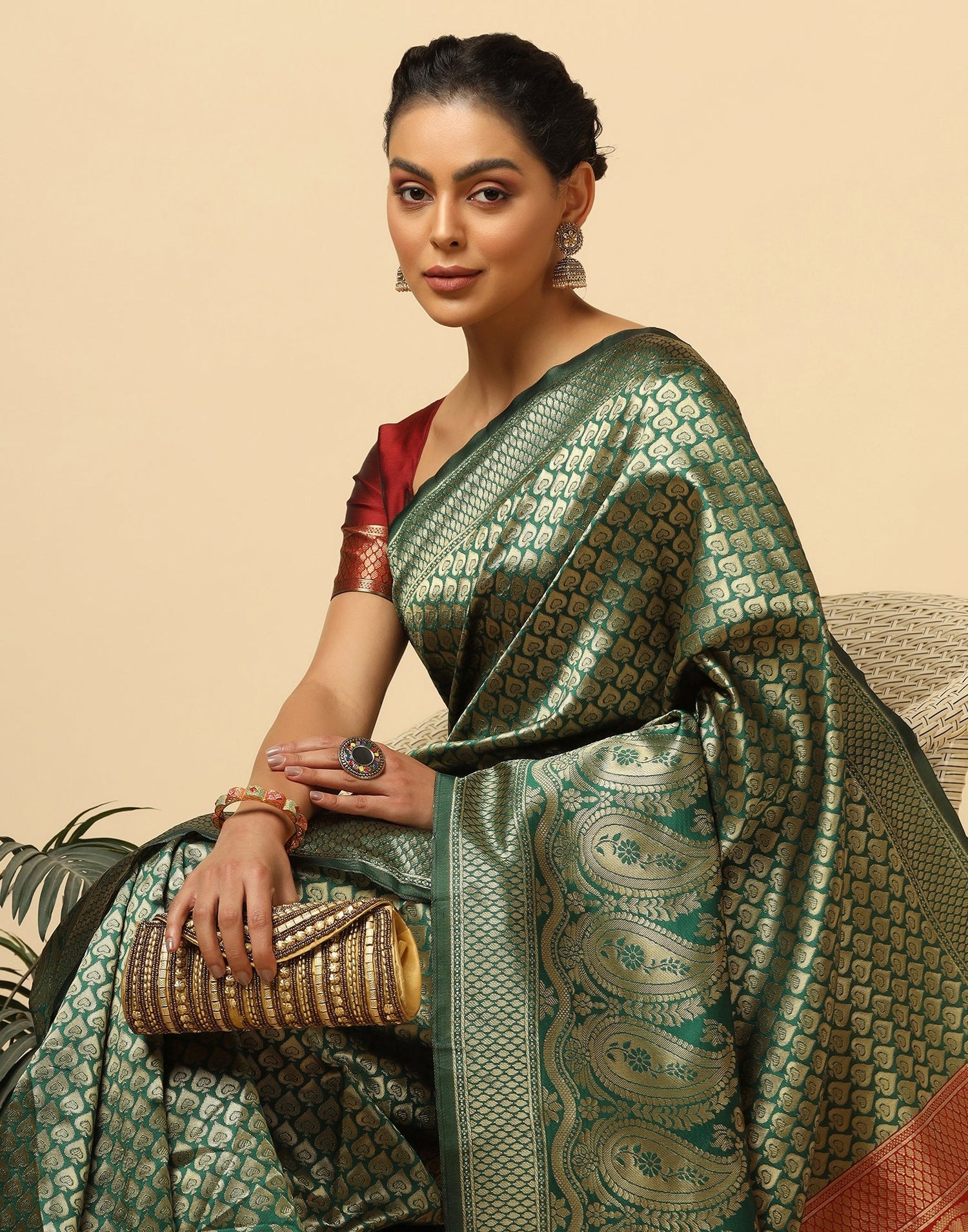 Golden And Green Silk Jacquard Saree | Leemboodi