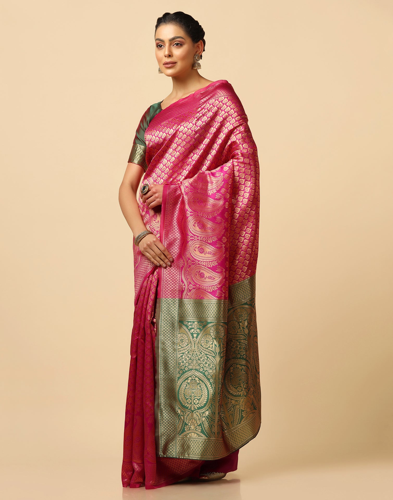 Rani Pink And Golden Silk Jacquard Saree | Leemboodi