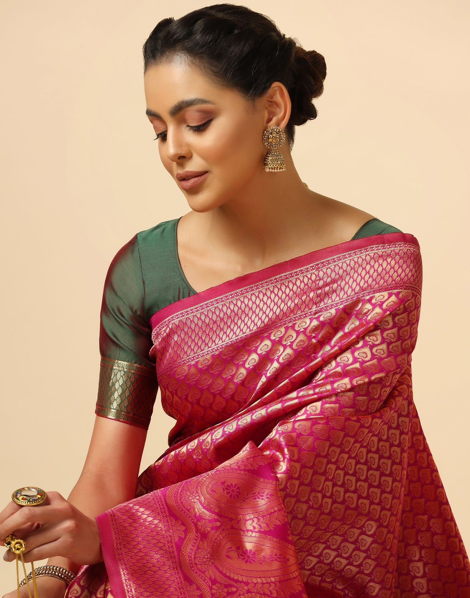 Rani Pink And Golden Silk Jacquard Saree | Leemboodi