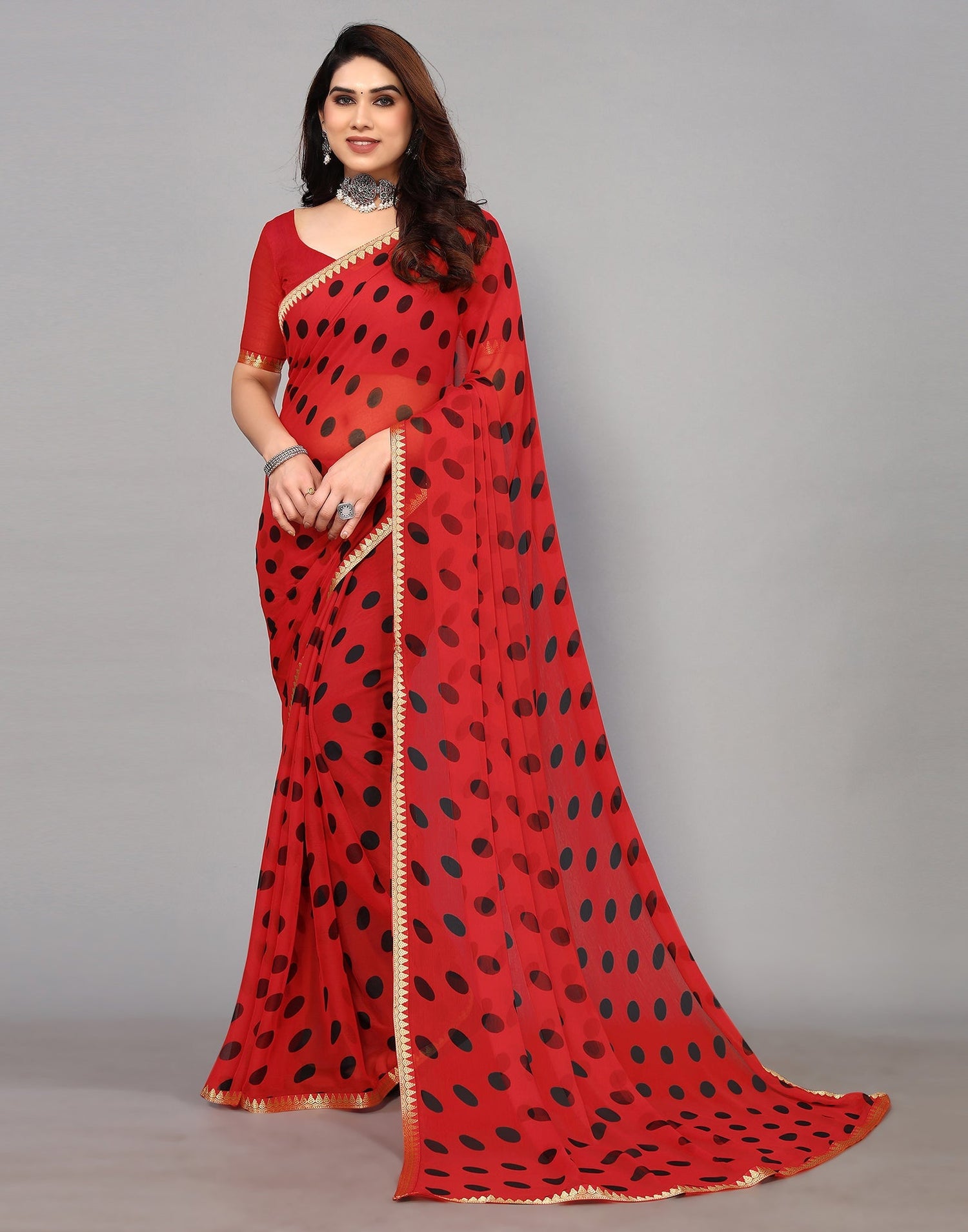 Red And Black Chiffon Polka Dot Printed Saree | Leemboodi