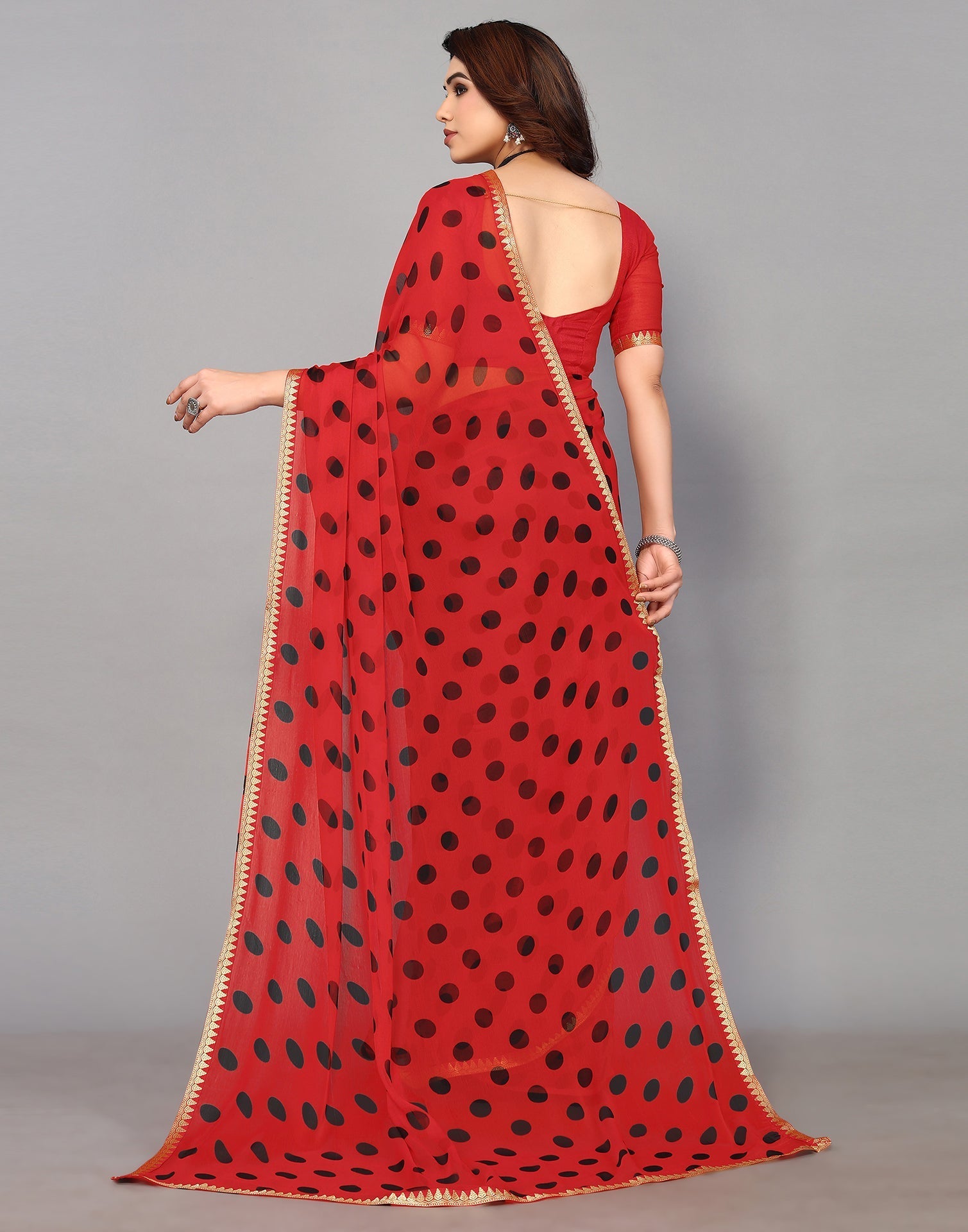 Red And Black Chiffon Polka Dot Printed Saree | Leemboodi