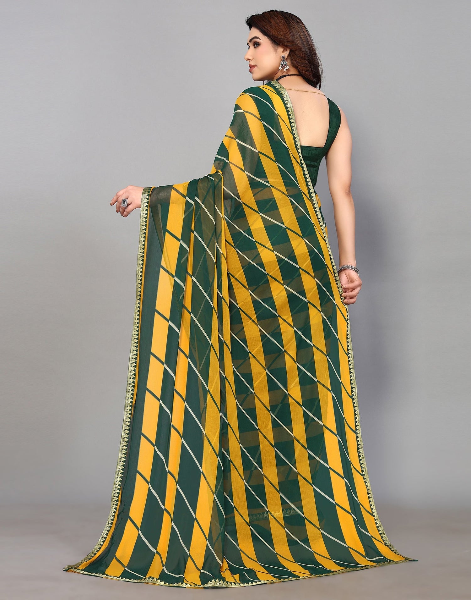 Yellow And Green Chiffon Laheriya Printed Saree | Leemboodi