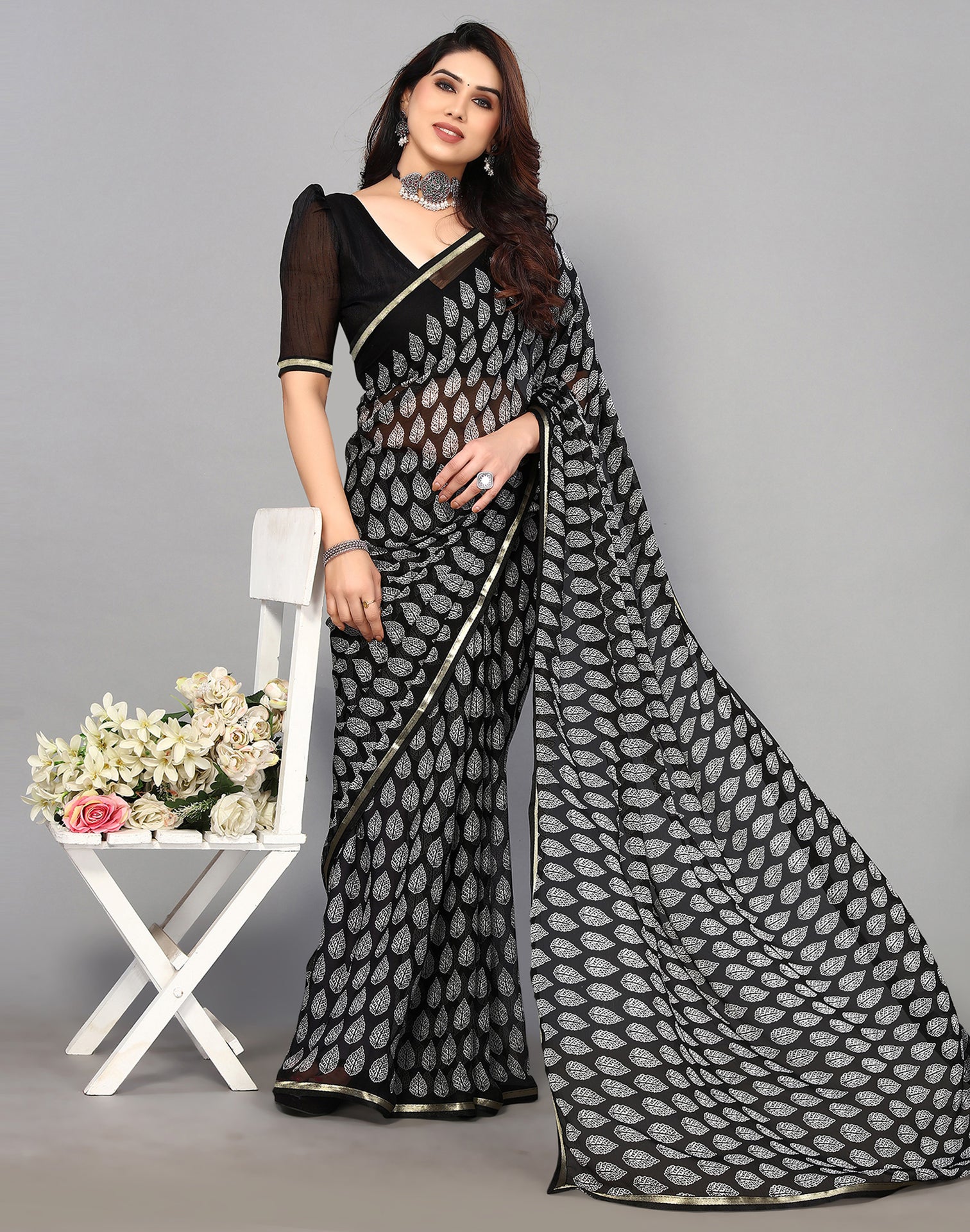 Black Yellow Bandhani Printed Chiffon Sarees With Blouse - Zakarto