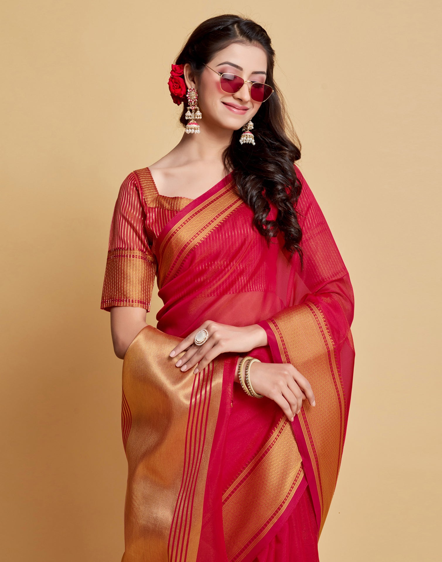 Dark Pink Organza saree | Simple saree designs, Saree, Indian bridal sarees