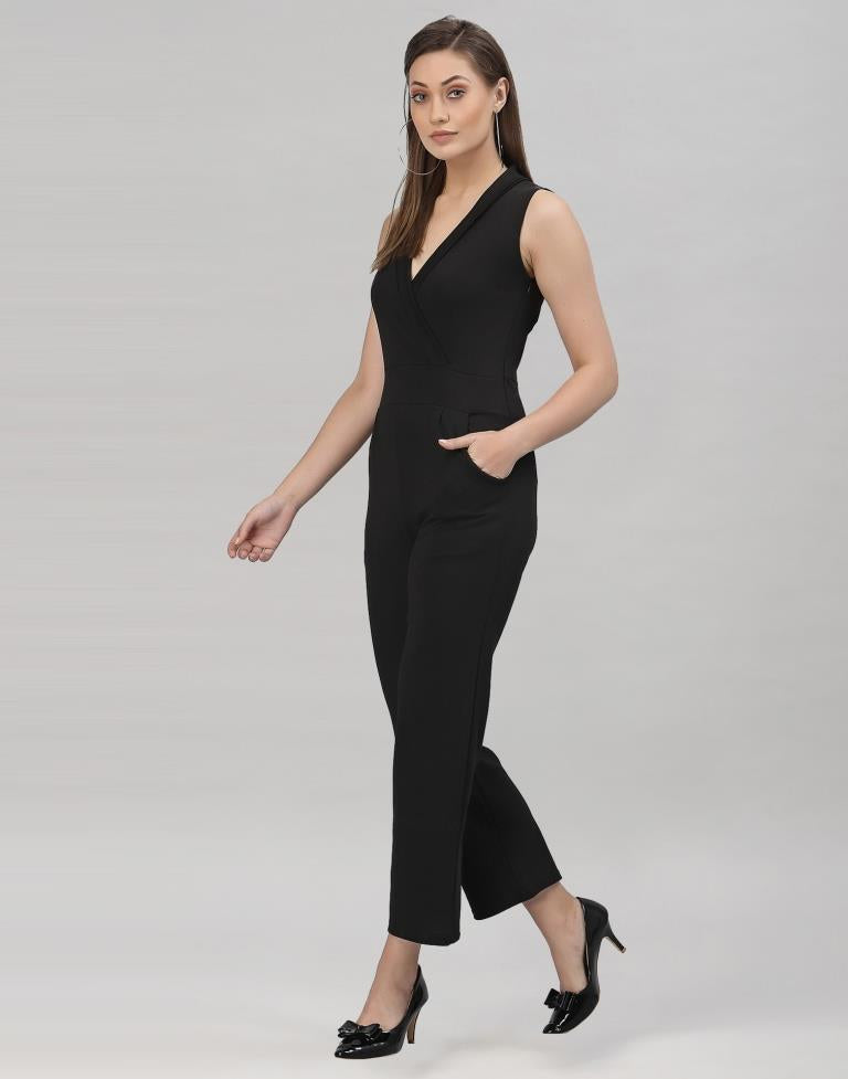 Black Coloured Lycra Plain Jumpsuit | Leemboodi