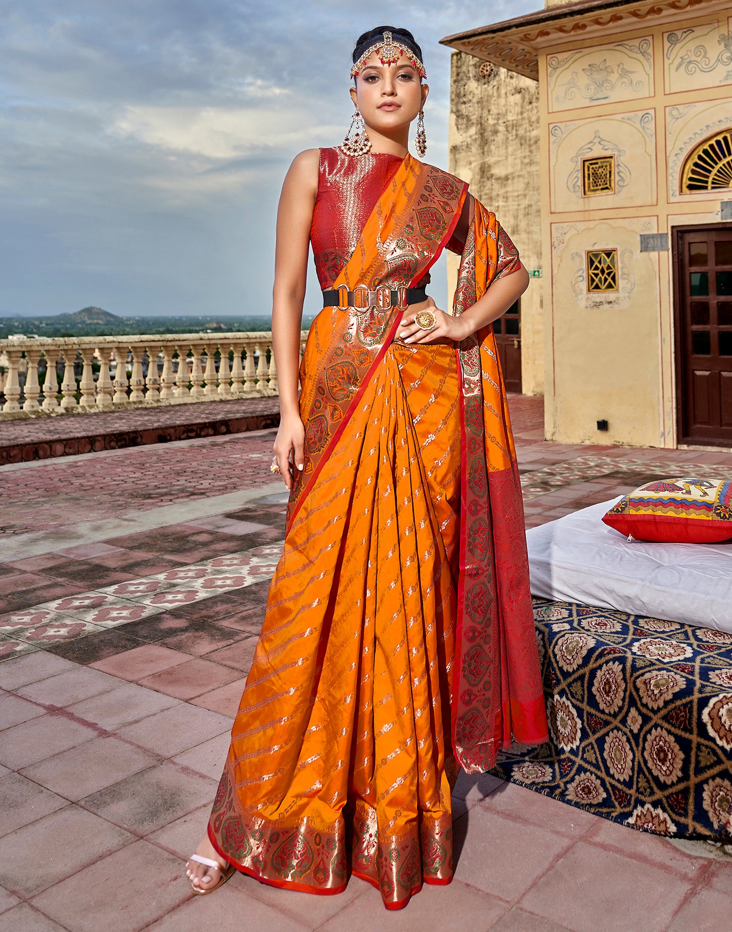 Apricot Orange Wedding Pure Banarasi Silk Patola Saree with Zari Work –  Apparel Designer