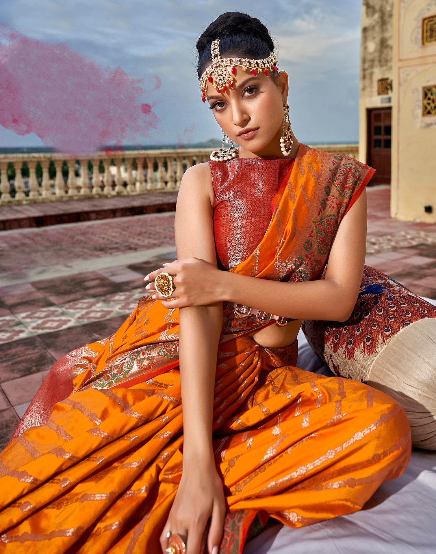 Buy Coral Orange Banarasi Saree online-Karagiri