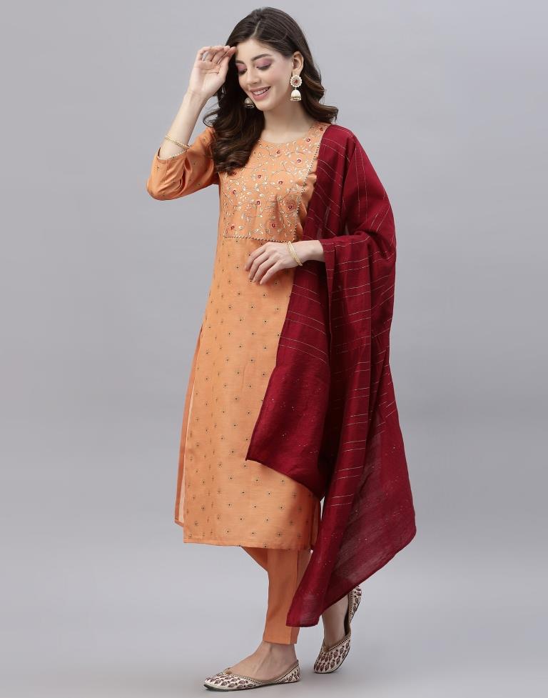 Pastel Orange Kurti With Pant And Dupatta | Leemboodi