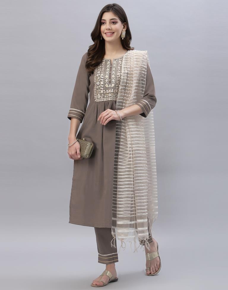 Brown Kurti With Pant And Dupatta | Leemboodi