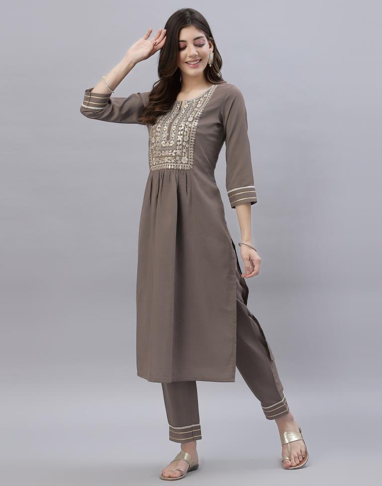 Brown Kurti With Pant And Dupatta | Leemboodi