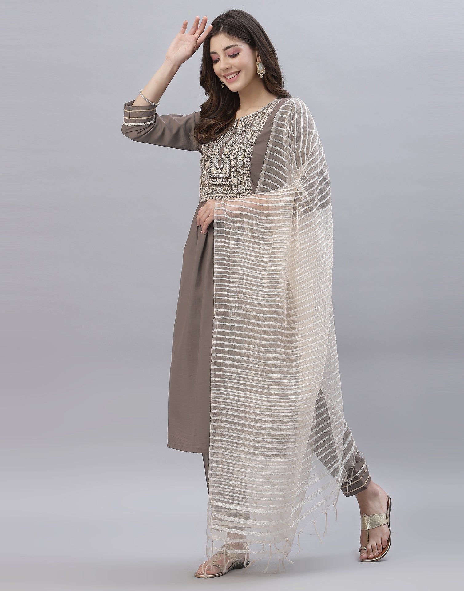 Brown Kurti With Pant And Dupatta | Leemboodi