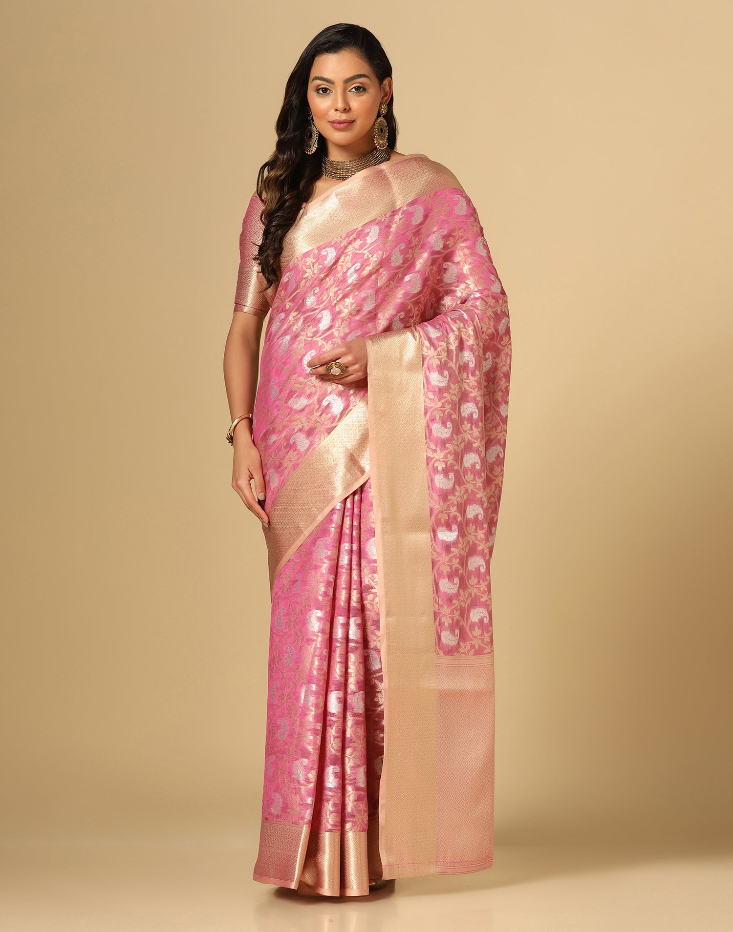 Light Pink &amp; Gold Silk Jacquard Saree | Leemboodi