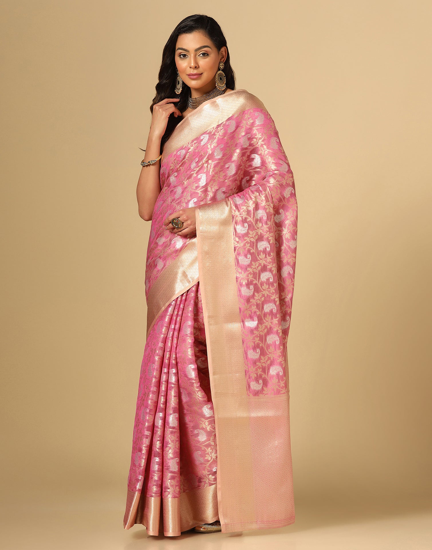 Light Pink &amp; Gold Silk Jacquard Saree | Leemboodi