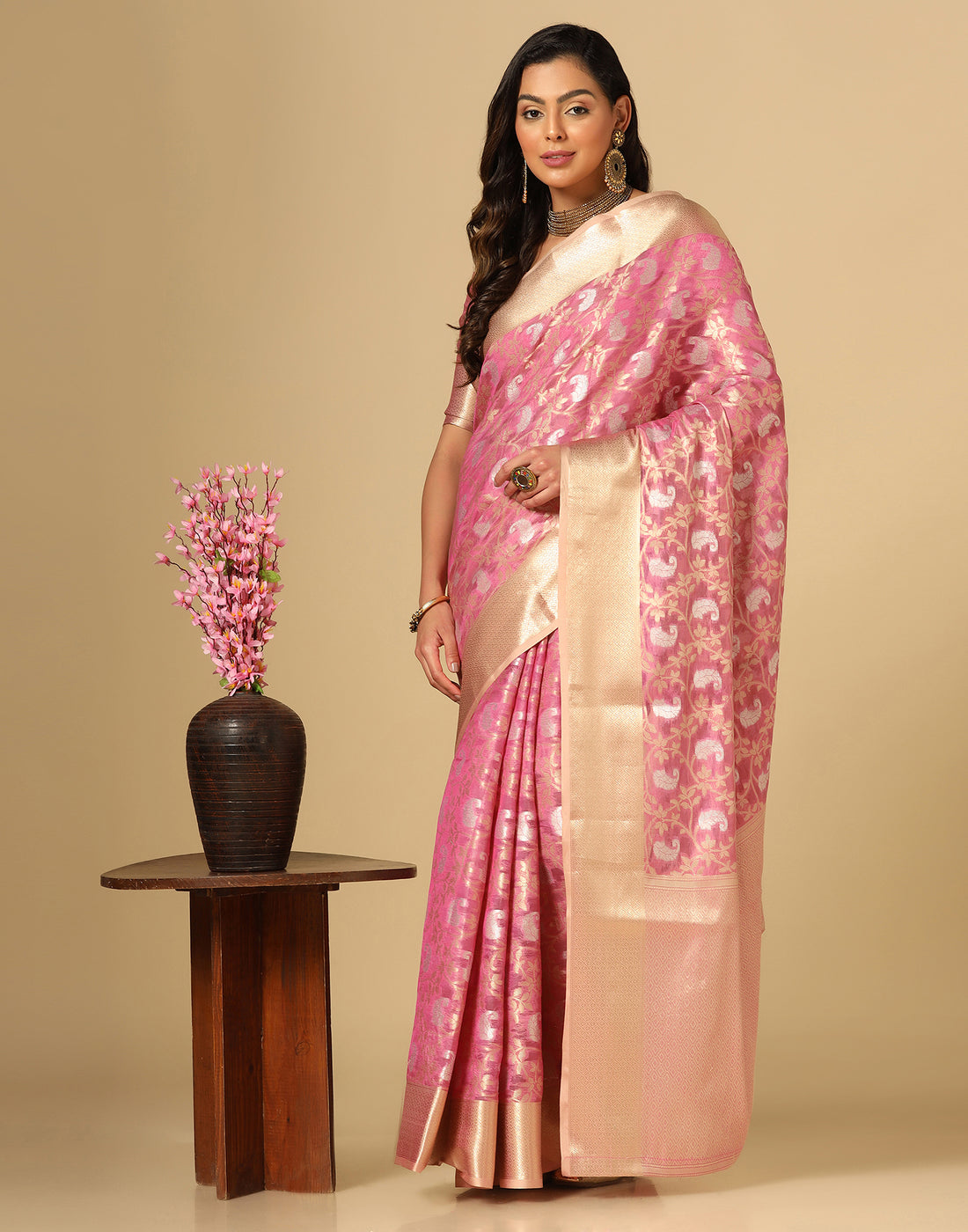 Light Pink &amp; Gold Silk Jacquard Saree | Leemboodi