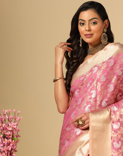 Light Pink &amp; Gold Silk Jacquard Saree | Leemboodi