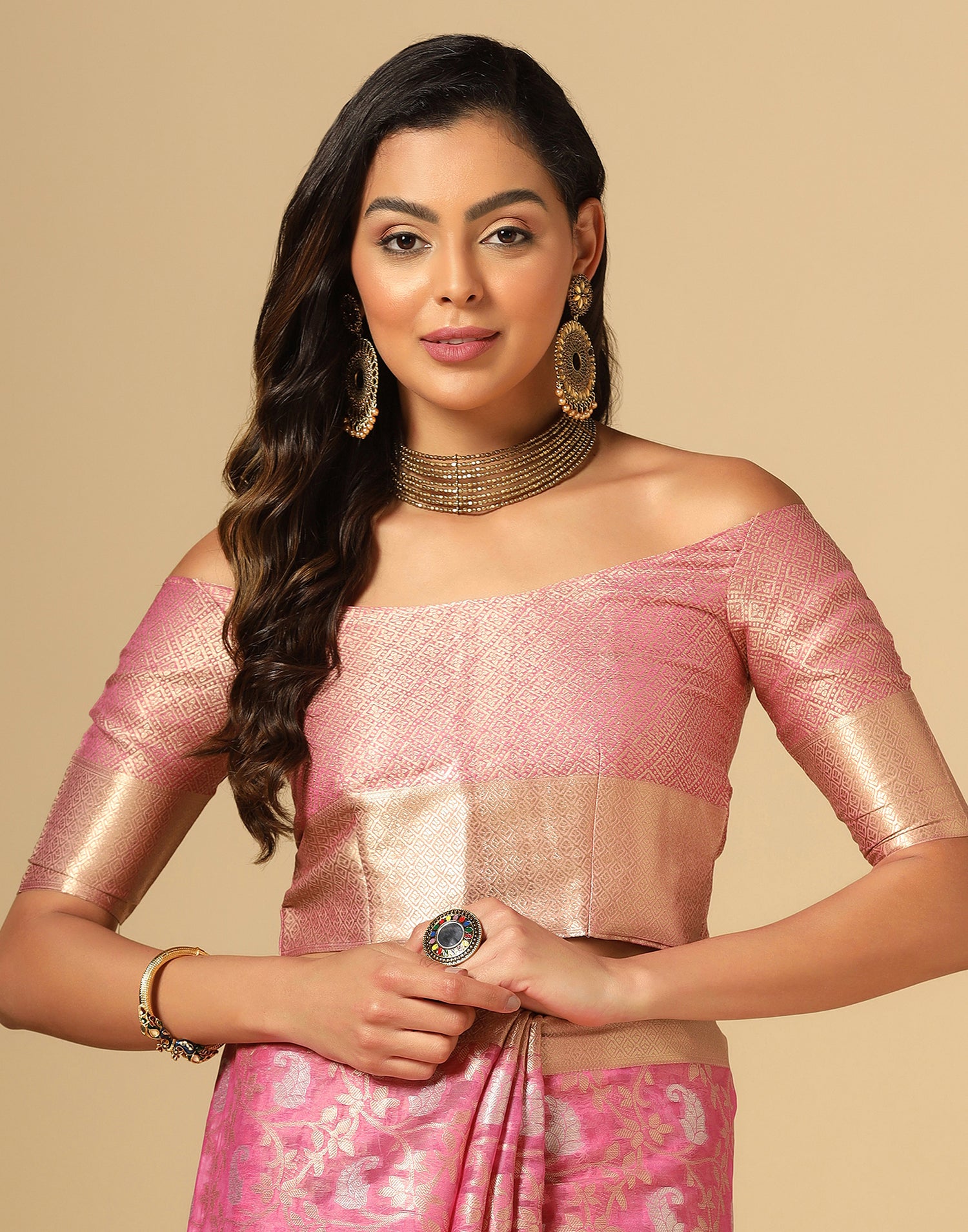 Light Pink &amp; Gold Silk Jacquard Saree | Leemboodi